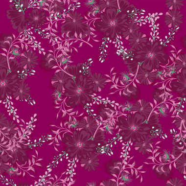 Fuşya arka planında papatyalar olan kusursuz çiçek deseni. Tekstil kumaş izi taşıyıcısı. Kumaşlar, ambalajlar, dokular, arka planlar için harika..