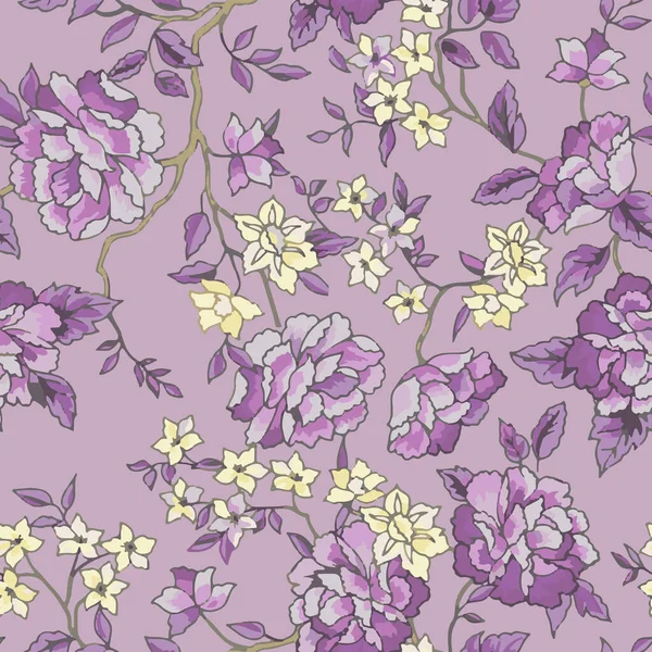 Полная Бесшовная Фиолетовая Цветочная Ретро Иллюстрация Декоративные Садовые Цветы Листья — стоковый вектор