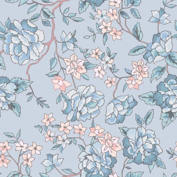 Vollständige Nahtlose Blumenmuster Retro Illustration Ornamental Weichen Blauen Garten Blumen — Stockvektor