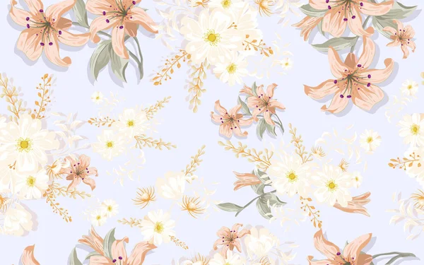 Plein Fond Motif Floral Camomille Lililium Sans Couture Pour Impression — Image vectorielle