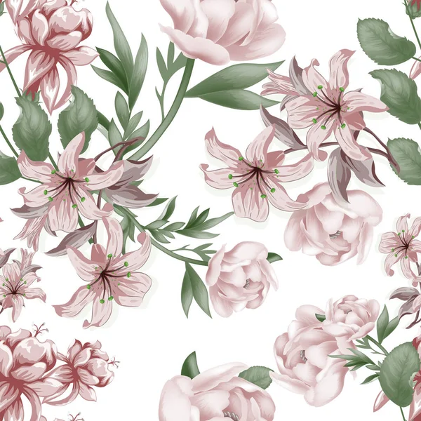 Vollständige Nahtlose Rosa Lilium Blumenmuster Hintergrund Für Stoffdruck Illustration Lilien — Stockvektor