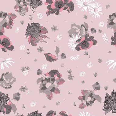 Kusursuz çiçek desenli arka plan. Tekstil kumaş izi için doku. Kumaşlar, ambalajlar, dokular, arka planlar için harika bir tasarım. Vektör illüstrasyonu.