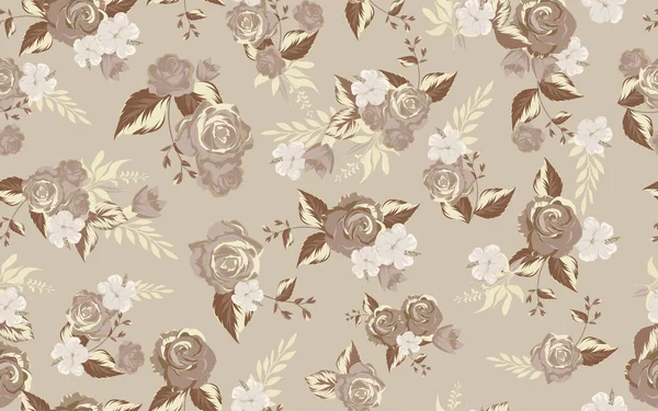 Full Seamless Lilium Rose Floral Pattern Background Fabric Print Brown — Stock Vector