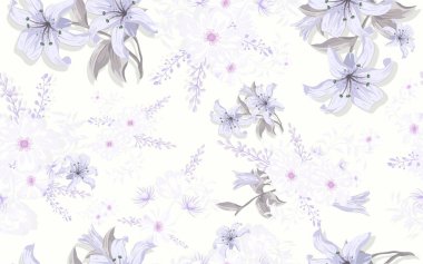 Kumaş izi için tam dikişsiz papatya çiçeği desenli arka plan. Ditsy illüstrasyon. Violet Lily ve Papatya çiçekleri kadın kıyafetleri ve tekstil ürünleri için vektör tasarımı bırakır.