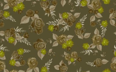 Kumaş izi için tam dikişsiz liyum gül desenli arkaplan. Kahverengi çiçek illüstrasyon bırakır. Kadın giyimi ve tekstil için vektör tasarımı.