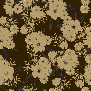 Koyu kahverengi arka planda papatyaları olan kusursuz çiçek desenleri. Tekstil kumaş izi taşıyıcısı. Kumaşlar, ambalajlar, dokular, arka planlar için harika bir tasarım..