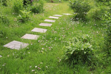 Güzel bir bahçede betondan yapılmış bir kiremit yolu.
