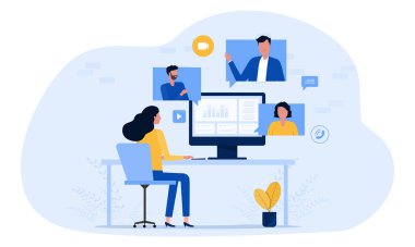 Çevrimiçi video konferans konsepti ve internet kablosuz teknolojisi olan her yerden çalışan iş ekibiyle çalışmak