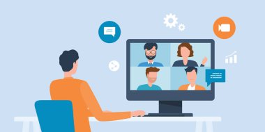 Çevrimiçi video konferans konsepti ve internet kablosuz teknolojisi olan her yerden çalışan iş ekibiyle çalışmak