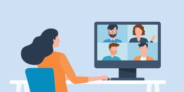 Çevrimiçi video konferans konsepti ve internet kablosuz teknolojisi olan her yerden çalışan iş ekibiyle çalışmak