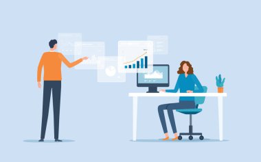 Düzey vektör iş adamları analitik için toplantı ve iş grafiği grafiği izleme konsepti konsepti ve iş finans yatırım planlama raporları.