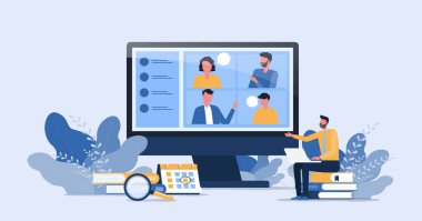 Çevrimiçi video konferans konsepti ve internet kablosuz bağlantı teknolojisi olan her yerden çalışan iş ekibiyle çalışan akıllı iş adamları..