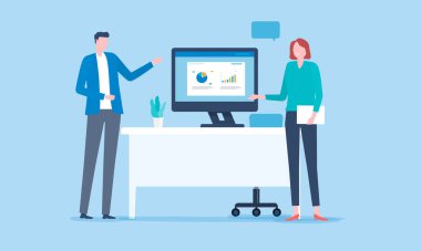 İş adamları takım toplantısı ticari finans yatırım planlama konsepti için monitörde