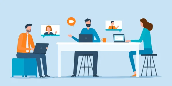 企业人员小组工作会议和项目规划概念在线视频会议 — 图库矢量图片