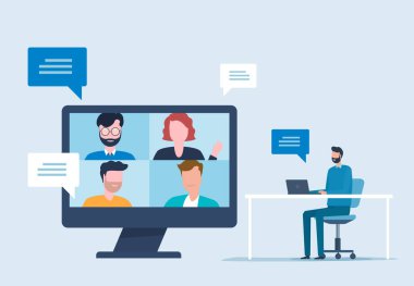 Çevrimiçi video konferans konsepti ve internet kablosuz teknolojisi olan her yerden çalışan iş ekibiyle çalışmak vektör işletme zekası gerektirir. Bir bilgisayar monitörü ile çalışan iş adamı.