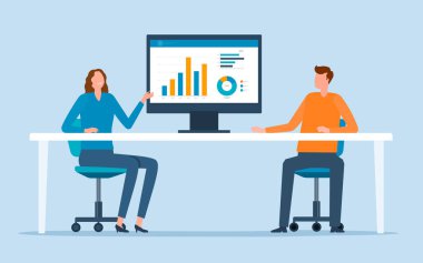 Veri analizi için çalışan iki iş adamı gösterge paneli ve iş dünyası pazarlama ekibinin planlama raporlarını verdi. finansal yatırım konsepti. düz vektör illüstrasyonu