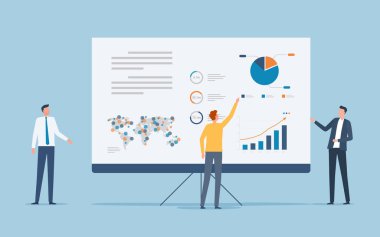 Düz vektör iş ekibi toplantısı. Çalışma eğitimi işbirliği. İş adamı projektör ekran gösterge paneli konsepti hakkında bilgi sunar. iş adamları