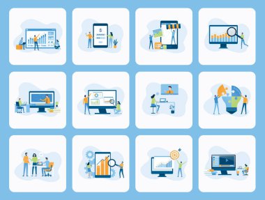 İş dünyasının düz vektör illüstrasyon tasarımı konsept takım çalışması aktivitelerini iş adamlarına ayarla. Analiz ekibi. Görüntülü konferans. Çevrimiçi bir mağaza. Teknoloji İnternet Eğitimi. Çizgi film karakter tasarımı kavramı.