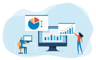 Ticari ekip analizleri ve web raporunun gösterge paneli izleme konsepti ve düz vektör tasarım veri analizi iş finans planlaması konsepti araştırmaları