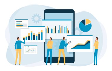 Vektör işi veri analizi araştırması ve veri bilimci ekip toplantısı konsepti. İş adamlarıyla birlikte bir rapor grafiği ekranında çalışıyoruz. ve yatırım planlama kavramını finanse etmek