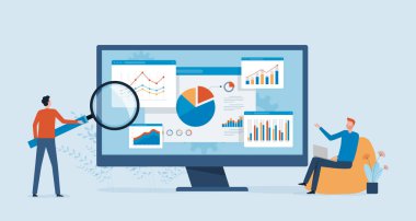 Vektör işi veri analizi araştırması ve veri bilimci ekip toplantısı konsepti. İş adamlarıyla birlikte bir rapor grafiği ekranında çalışıyoruz. ve yatırım planlama kavramını finanse etmek