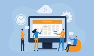 Düz vektör tasarımı İş planlama konsepti ve dijital çevrimiçi takvim kavramı ile çalışan İş adamları takımı