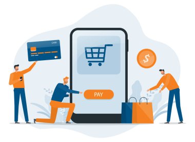  İnternet üzerinden alışveriş ve online ödeme konsepti. Akıllı telefon uygulama teknolojisi. Vektör illüstrasyon çizgi film karakter tasarımı. insanlar takım çalışması.