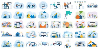 iş yassı vektör çizim tasarımı konseptini ayarla. Grafik ve web sayfası afişleri için. Takım çevrimiçi video konferansı ve eğitim hakkında çizgi film karakter tasarımı ayarla. İş planlaması. veri analizleri 