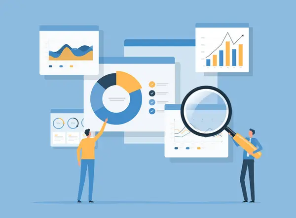 Business Data Analytics Mit Menschen Team Arbeitet Web Bericht Dashboard Stockillustration