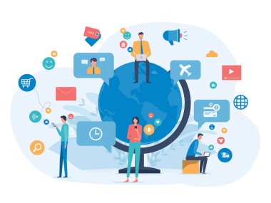 düz vektör illüstrasyon sosyal medya bağlantısı. dijital çevrimiçi pazarlama. İş teknolojisi küresel ekommerce. insanlar karakter çalışma konsepti için cep telefonu kullanın