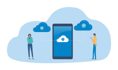 iş teknolojisi, bulut hesaplama hizmeti kavramı. Bulut sunucusuyla cep telefonu bağlantısı üzerinde çalışan ekip.