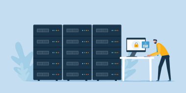 İş yassı vektör tasarım teknolojisi veri merkezi ve bulut hesaplama sunucu depolama servisi yönetici ve geliştirici ekibiyle bulut bağlantısı kavramı üzerinde çalışıyor