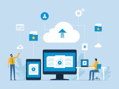 İş düz vektör tasarımı teknolojisi bulut hesaplama sunucu servis depolama yönetici ve geliştirici ekip ile bulut bağlantısı kavramı ile çalışır