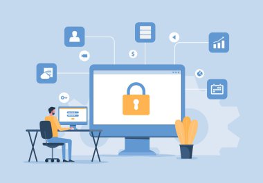 Düz vektör illüstrasyon tasarımı iş veri koruması ve internet siber güvenlik kavramı. İş adamları çalışma konsepti