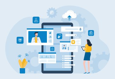 İş teknolojisi sağlık uygulaması danışmanlık ve teletıp tasarımı. Kadın danışmanlarıyla çevrimiçi doktor konsepti