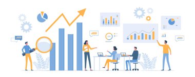 Grup iş adamları toplantısı ve ofis işyeri konseptinde iş birliği. düz vektör illüstrasyonu çizgi film karakter tasarımı kavramı