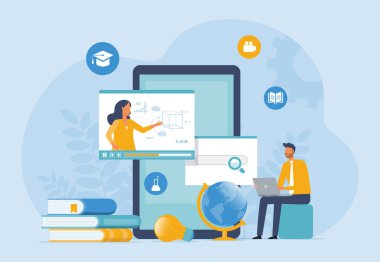 Webinar için Webinar eğitimi ve tasarımı, çevrimiçi video eğitimi, özel podcast ve iş koçluğu konsepti ile evde iş eğitimi ve E-öğrenme. düz vektör çizimi