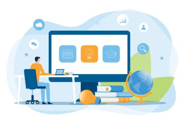 İşletme teknolojisi öğrencilerle çevrimiçi eğitim e-öğrenme ve araştırma kavramlarına bağlı bilgisayarları kullanıyor. düz vektör illüstrasyon çizgi film tasarımı