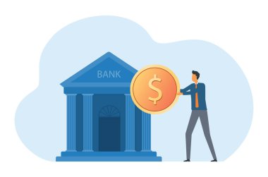 Düz vektör illüstrasyonlu adam bankada para biriktiriyor. İnternet bankacılığı konsepti. Finans yatırımı finansal zenginlik.