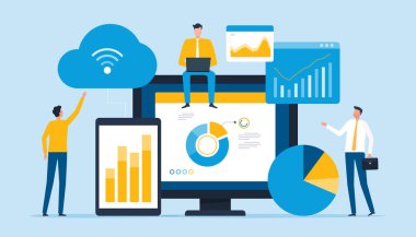 İş veri analizleri. İş teknolojisi bulut hesaplama servisi. Finans yatırımı Ekip çalışması. düz vektör illüstrasyonu.