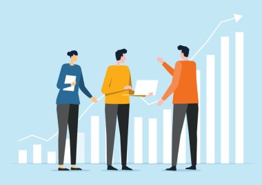 Düz vektör illüstrasyon grubu iş adamları toplantısı finans grafikleriyle çalışıyor. ticari mali yatırım kavramı