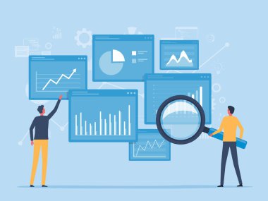 İş ekibi analitik grafik raporu web gösterge paneli konsepti ve düz vektör tasarım veri analizi iş finansmanı yatırım planlama araştırması.