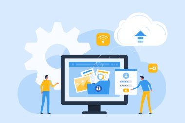 Teknoloji bulut yedeği. ticari bulut hesaplama ve veri girişi güvenlik kavramı. Yönetici ve müteahhit ekibiyle. düz vektör çizimi.