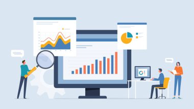 İş ekibi analizleri ve web raporunun gösterge paneli izleme konsepti ve düz vektör tasarım veri analizi iş finansmanı yatırım planlama araştırması.