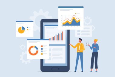 İş ekibi analizleri ve web raporunun gösterge paneli izleme konsepti ve düz vektör tasarım veri analizi iş finansmanı yatırım planlama araştırması.