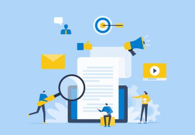 ticari içerik pazarlama araştırma tasarım konsepti, düz vektör illüstrasyonu