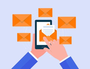 İş e-posta pazarlama tasarım konsepti. düz vektör tasarım el ele tutun ve açık e- postaya dokunun