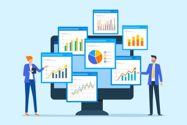 Veri analizi için çalışan düz vektör işadamları ve web rapor paneli monitörü ve iş finans yatırım tasarımı konsepti üzerinde izleme