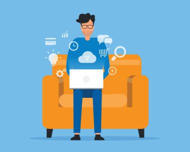 Düz çizim: Kanepe konsepti ve iş zekası üzerine evden çalışan bir adam uzaktan teknoloji ile çalışan herhangi bir işyerinde çalışır..