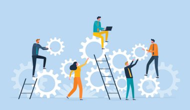 Düz vektör illüstrasyon tasarımı iş süreci konsepti ve proje beyin fırtınası için iş ekibi toplantısı. İşbirliği ve işbirliği takım çalışması.